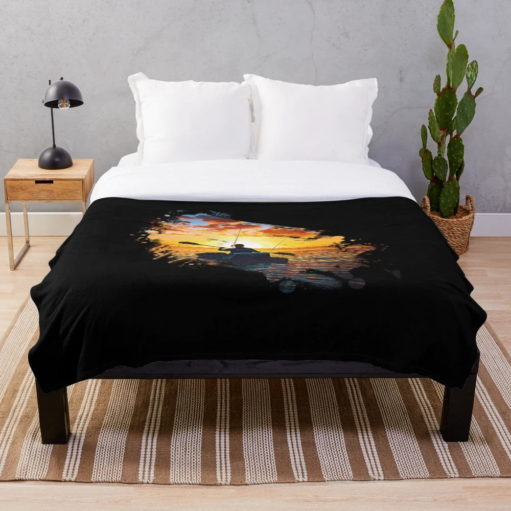 Fishing boat watercolor design on a plush blanket