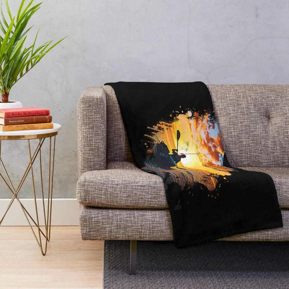 Fishing boat watercolor design on a plush blanket