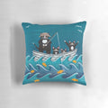 Pillow featuring a father and child fishing on a boat with cats and fish in the water