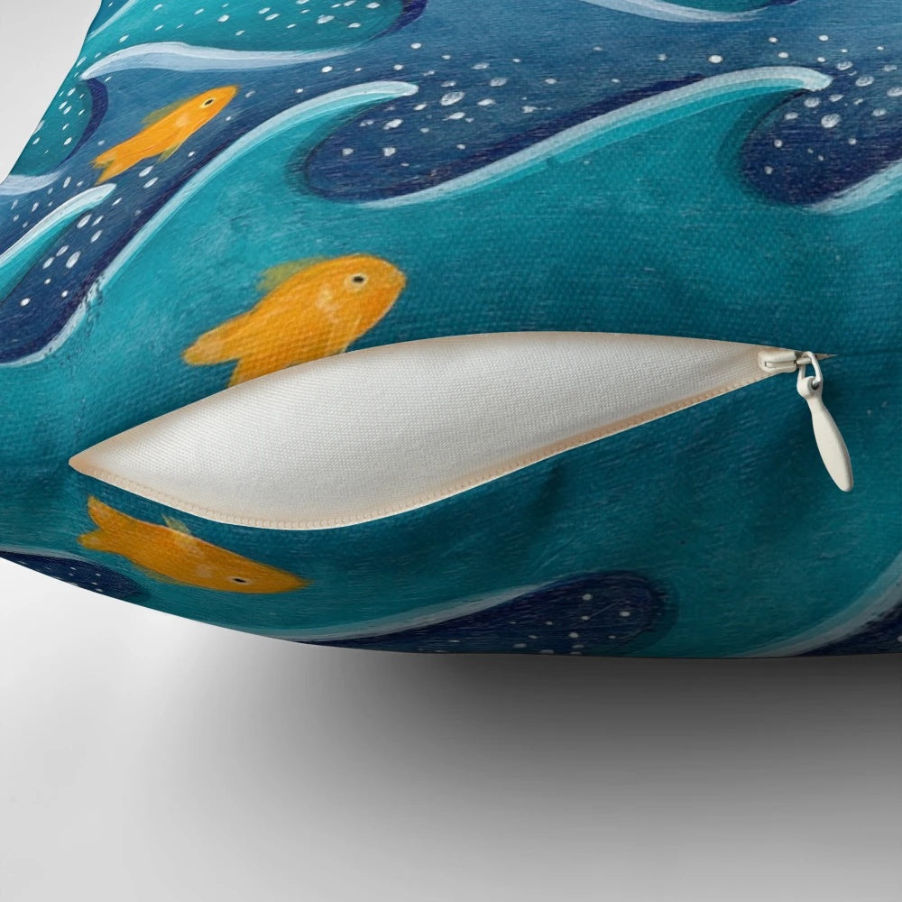 Pillow featuring a father and child fishing on a boat with cats and fish in the water
