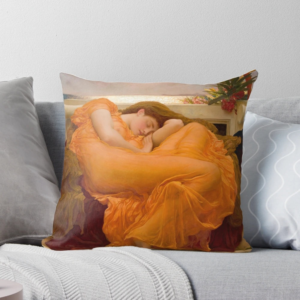 Flaming June - Iconic Pre-Raphaelite Sleeping Woman Pillow by Sir Frederic Leighton