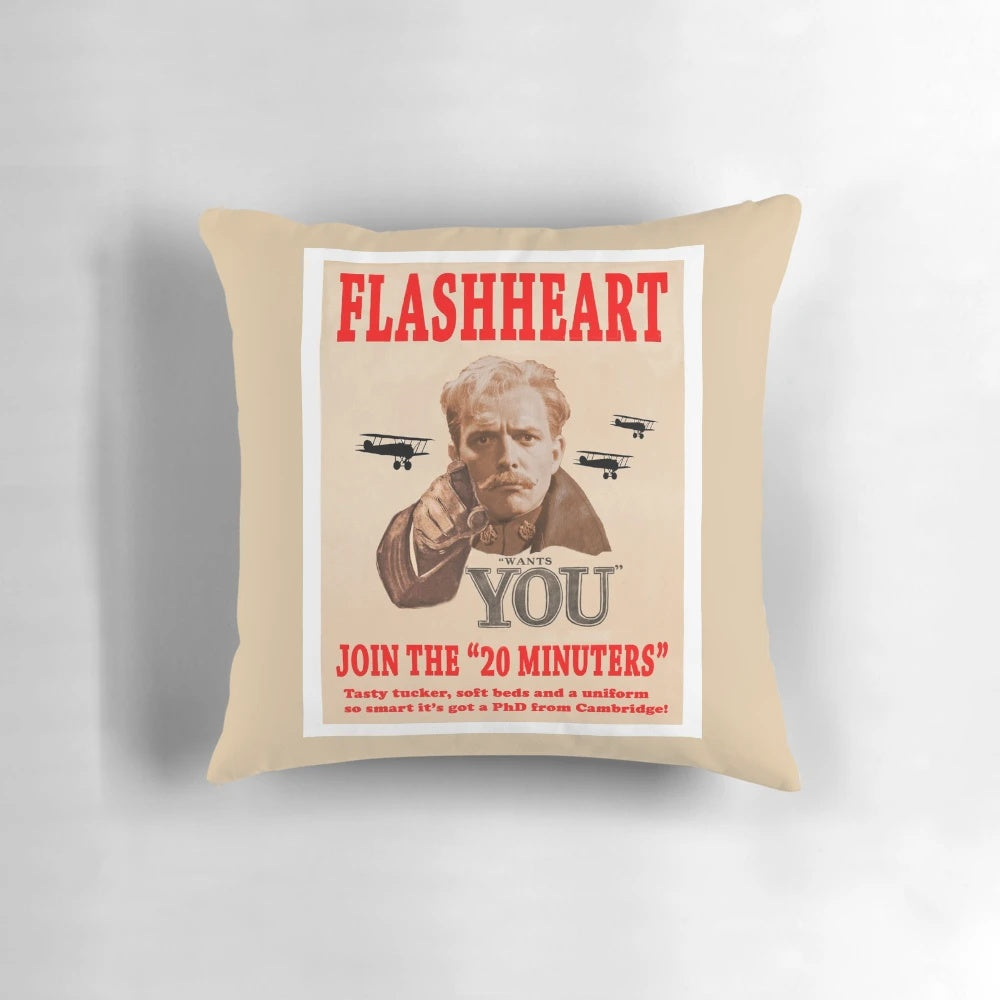Vintage-style pillow featuring the character Flashheart from the classic TV series Blackadder