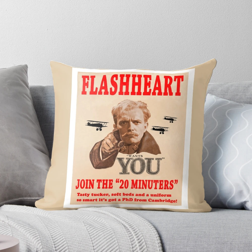 Vintage-style pillow featuring the character Flashheart from the classic TV series Blackadder