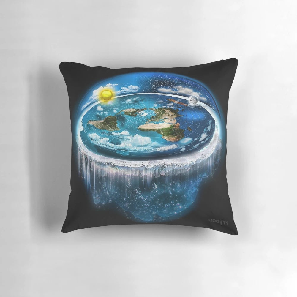 Flat Earth Dome Art Pillow featuring a cosmic celestial design with stars, moon, and sun