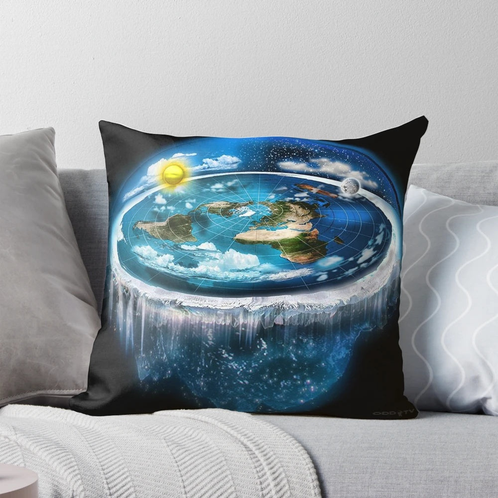 Flat Earth Dome Art Pillow featuring a cosmic celestial design with stars, moon, and sun
