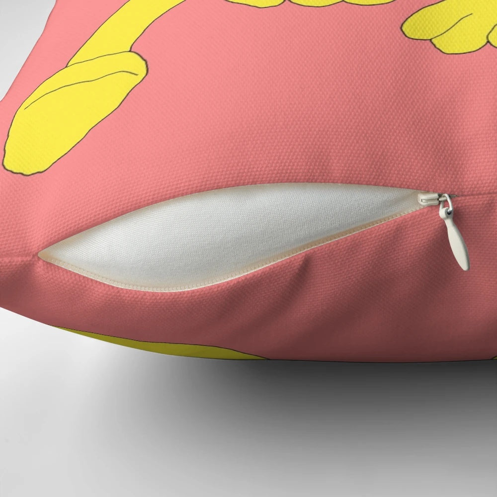 Flat Eric, a cute yellow puppet, printed on a soft, pink heart-shaped pillow with a sweet smile.