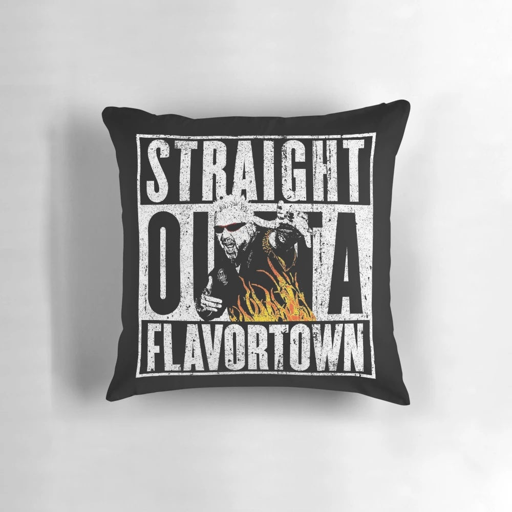 Colorful pillow featuring the iconic Guy Fieri "Flavor Town" design