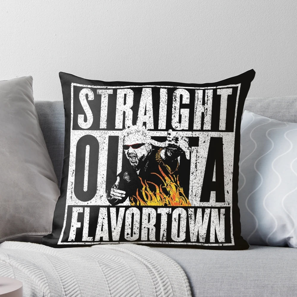 Colorful pillow featuring the iconic Guy Fieri "Flavor Town" design