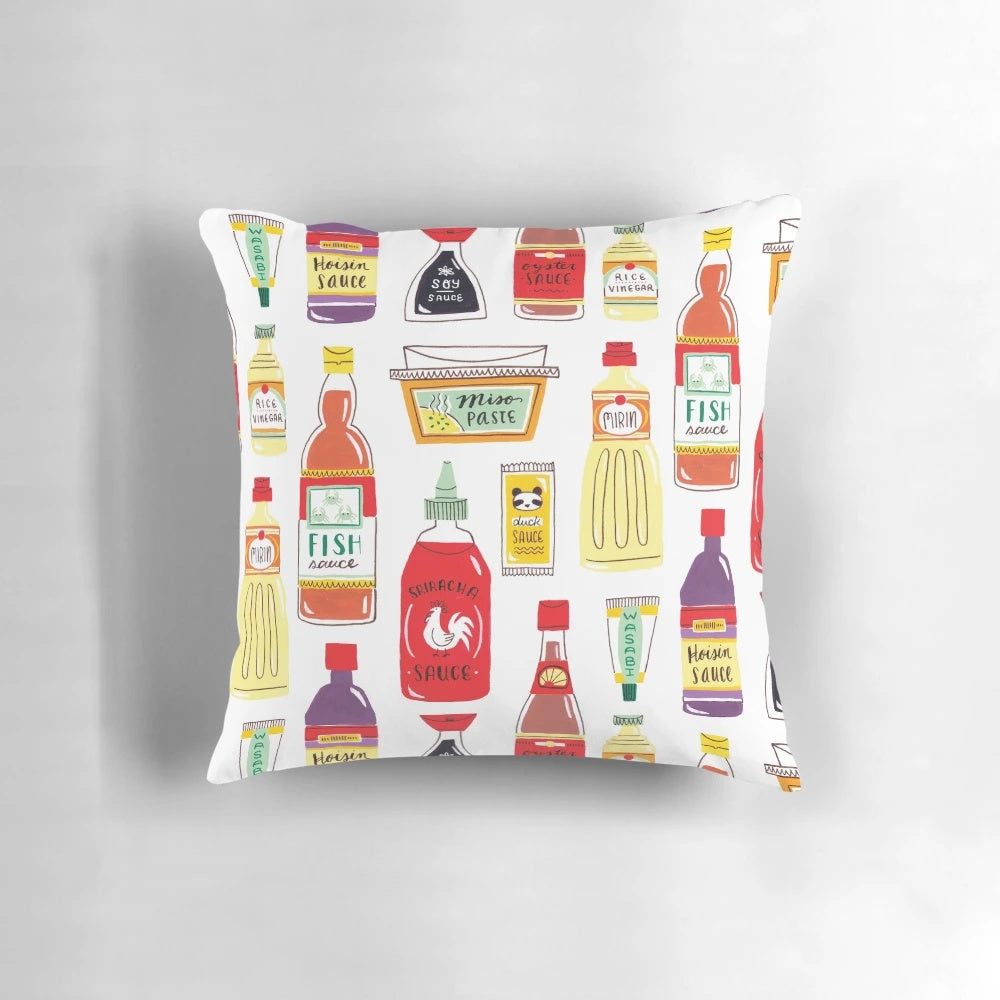 Vibrant Pillow Featuring Iconic Asian Cooking Ingredients and Sauces