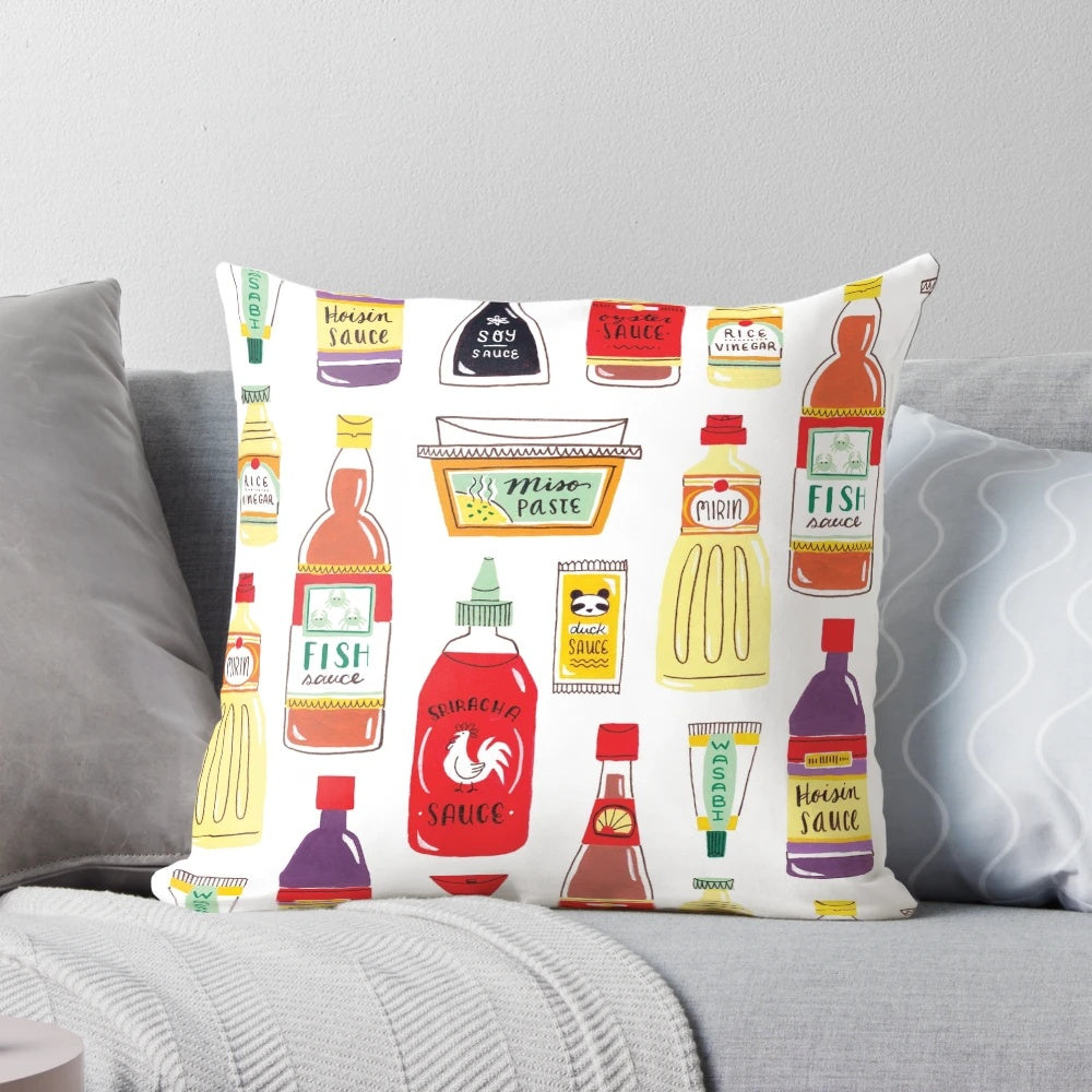 Vibrant Pillow Featuring Iconic Asian Cooking Ingredients and Sauces