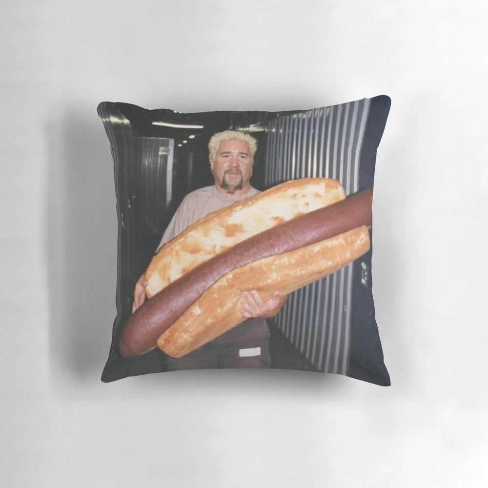 Guy Fieri-inspired novelty pillow with a hot dog design, perfect for fans of Flavortown