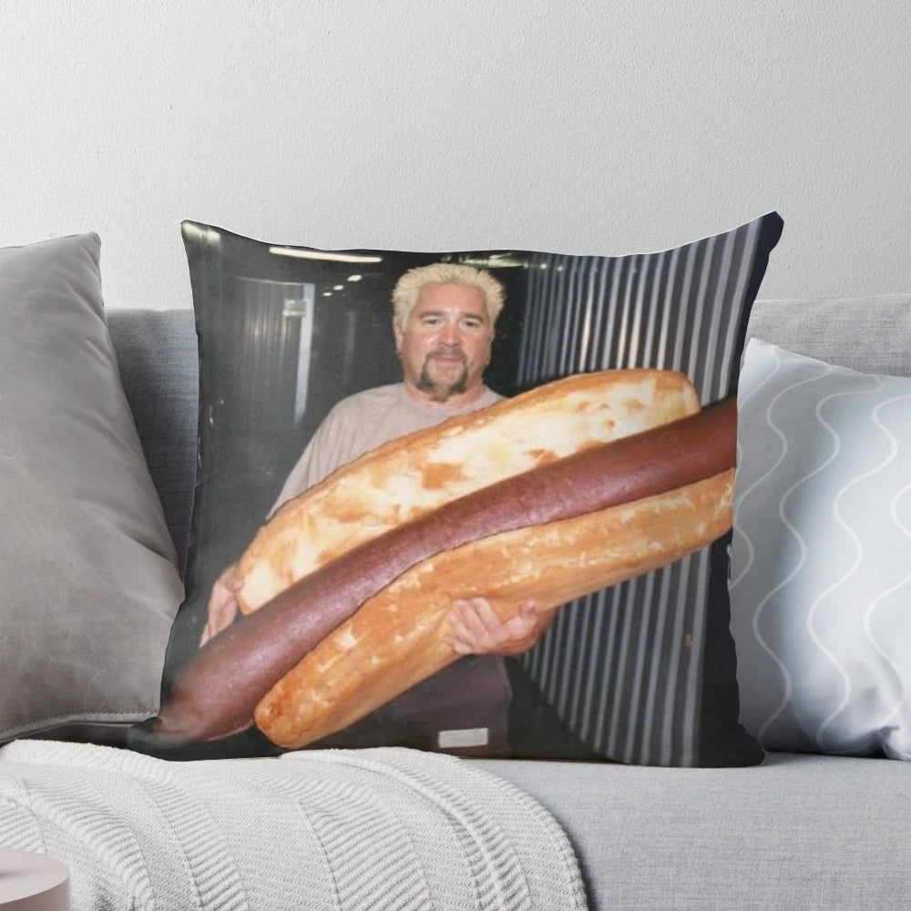 Guy Fieri-inspired novelty pillow with a hot dog design, perfect for fans of Flavortown