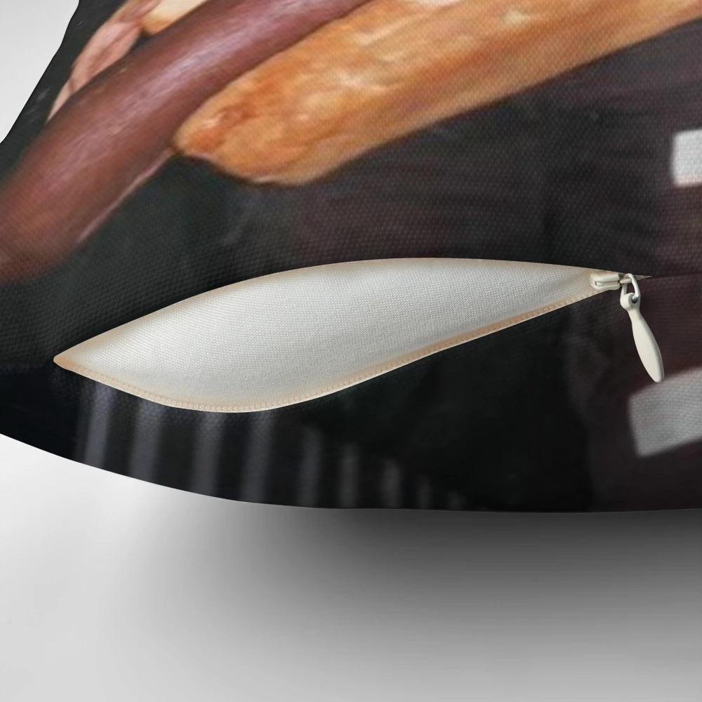 Guy Fieri-inspired novelty pillow with a hot dog design, perfect for fans of Flavortown