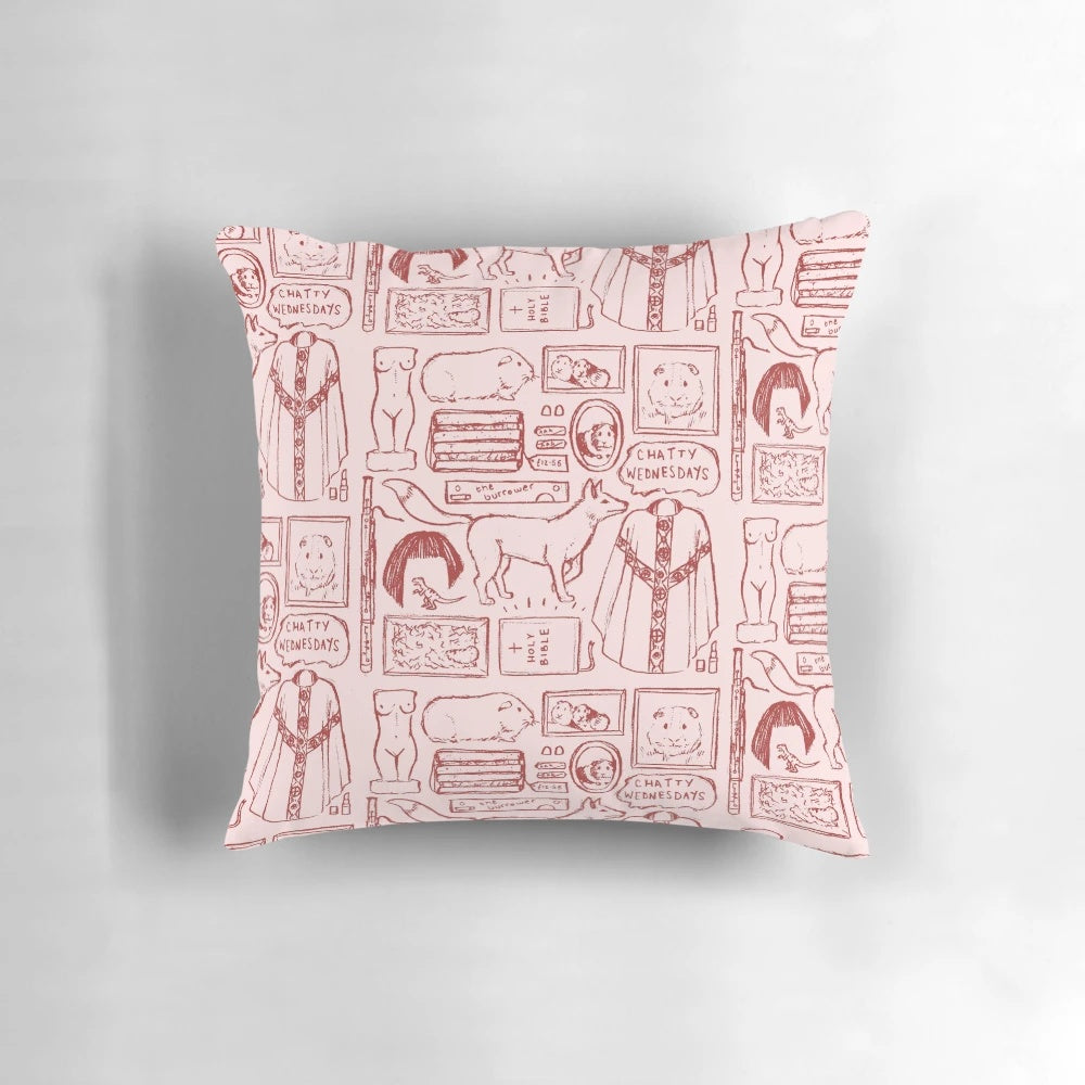 Fleabag-inspired illustration of Phoebe Waller-Bridge's character on a decorative throw pillow.
