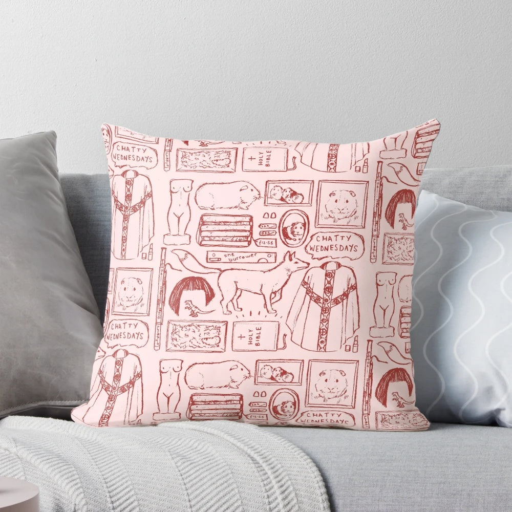 Fleabag-inspired illustration of Phoebe Waller-Bridge's character on a decorative throw pillow.