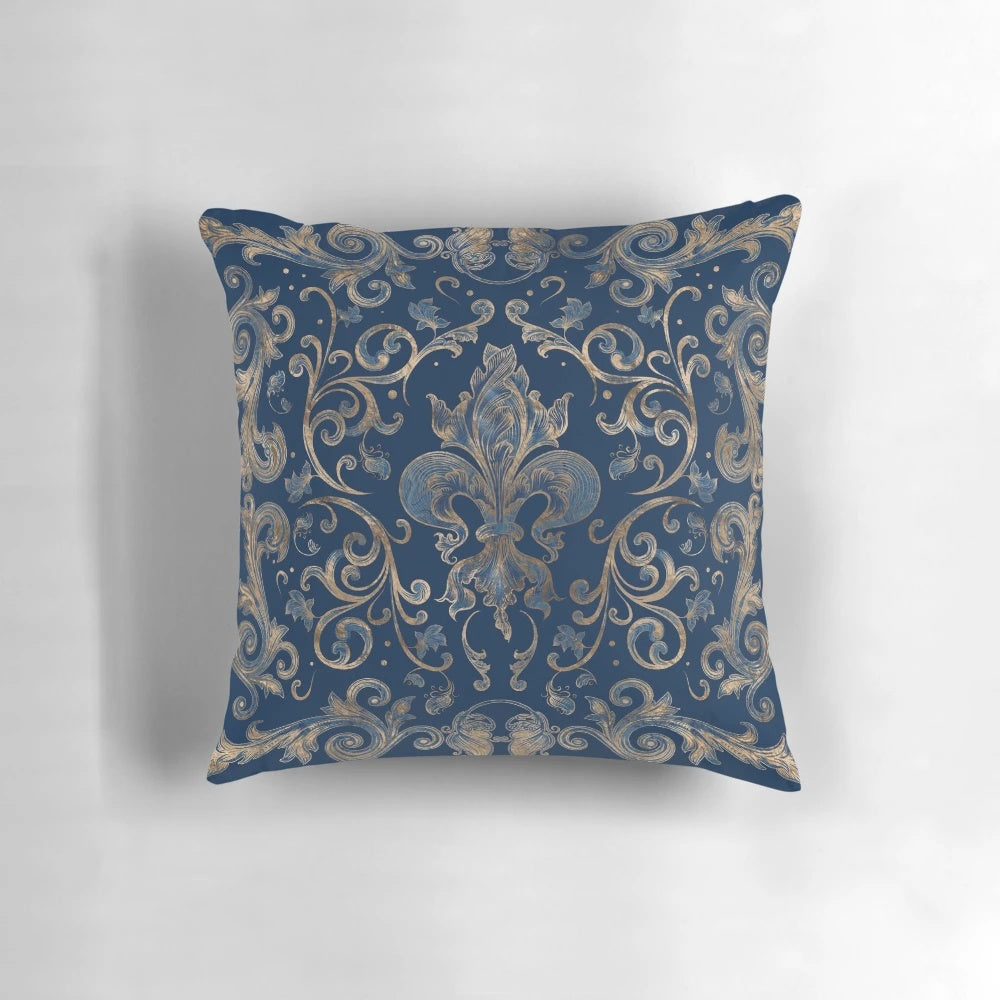 Fleur-de-lis ornament blue marble and gold decorative pillow with sacred lily motif