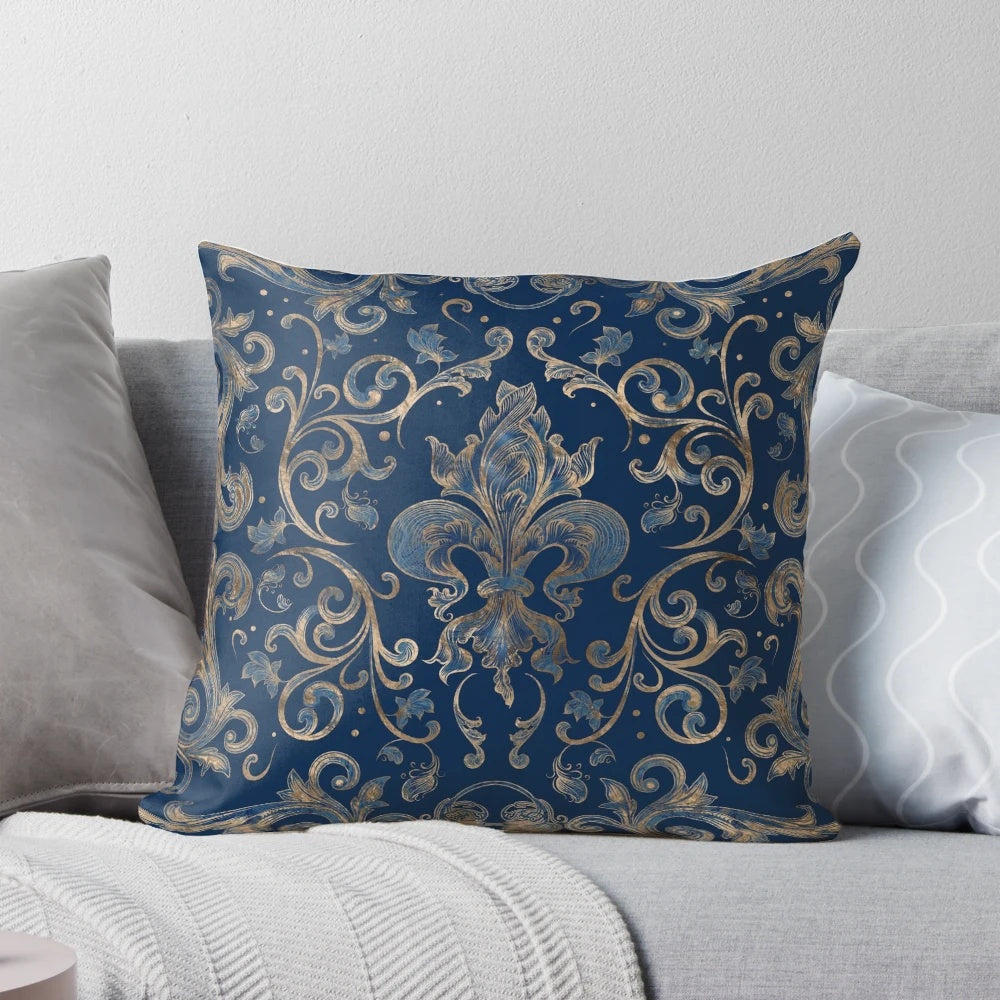 Fleur-de-lis ornament blue marble and gold decorative pillow with sacred lily motif