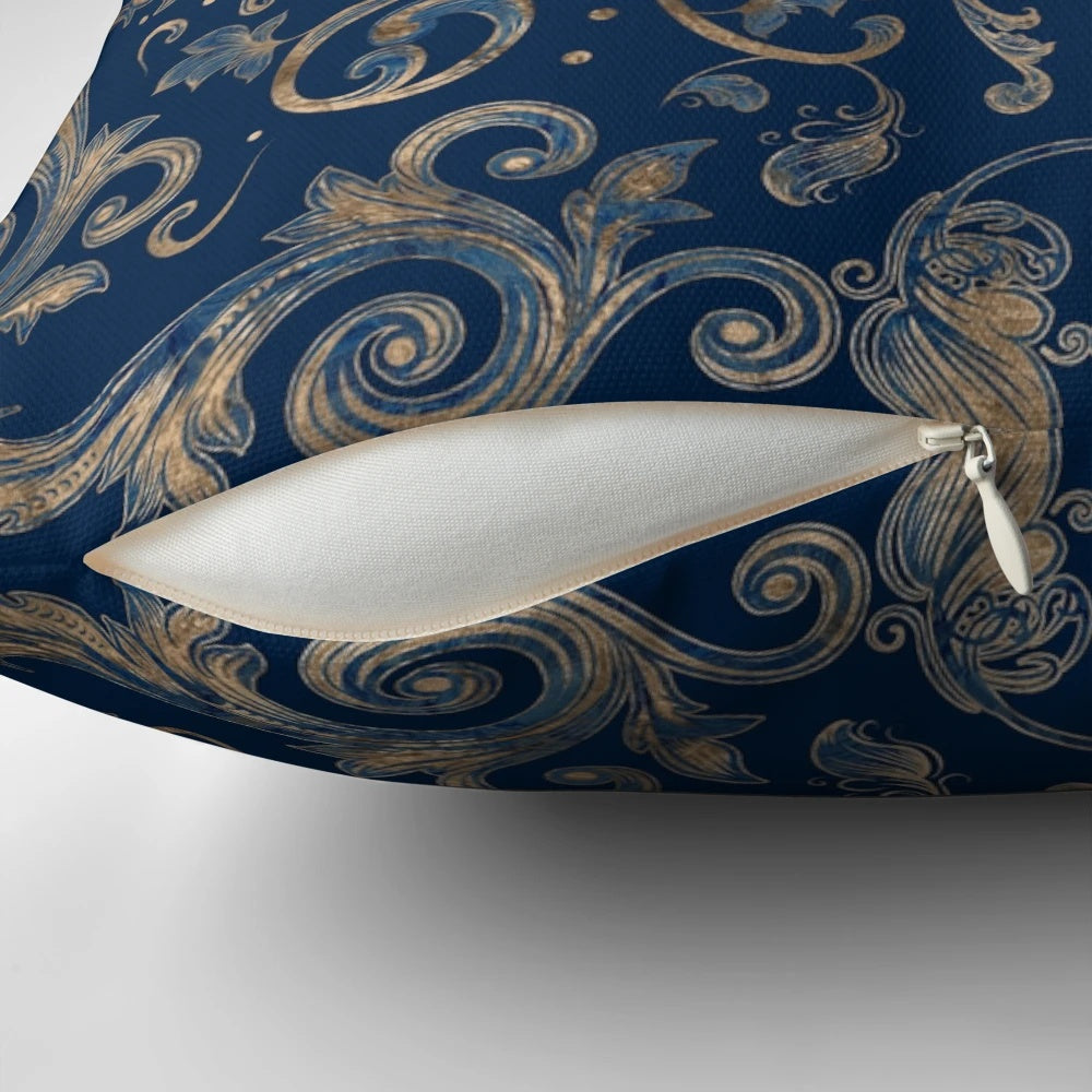 Fleur-de-lis ornament blue marble and gold decorative pillow with sacred lily motif