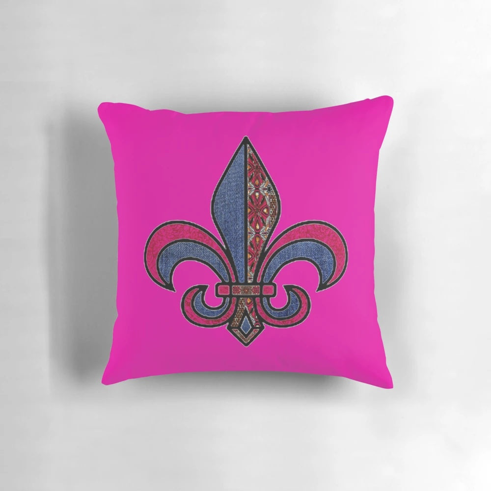 Vibrant fleur de lis patterned pillow in shades of fuchsia, perfect for adding a touch of New Orleans-inspired, afrocentric style to your home.