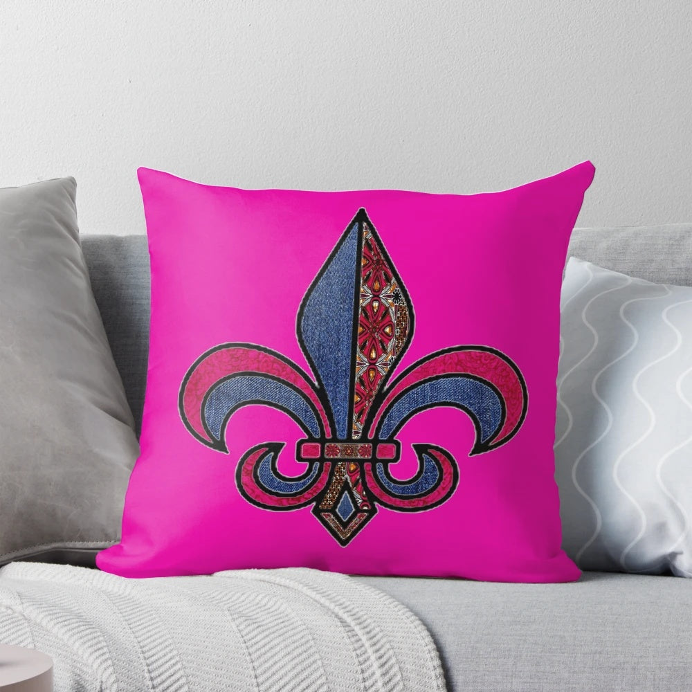 Vibrant fleur de lis patterned pillow in shades of fuchsia, perfect for adding a touch of New Orleans-inspired, afrocentric style to your home.
