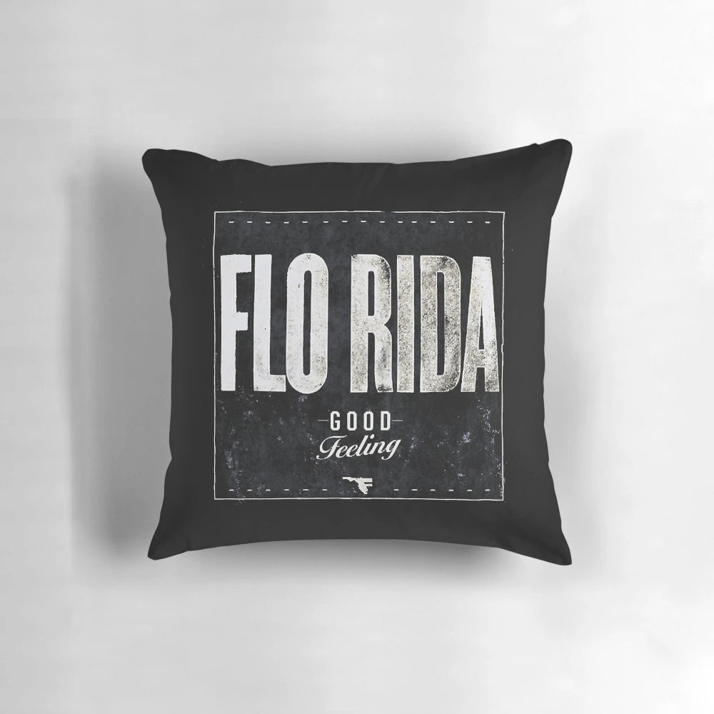 Flo Rida inspired throw pillow featuring the rapper's iconic album covers and Florida-themed design