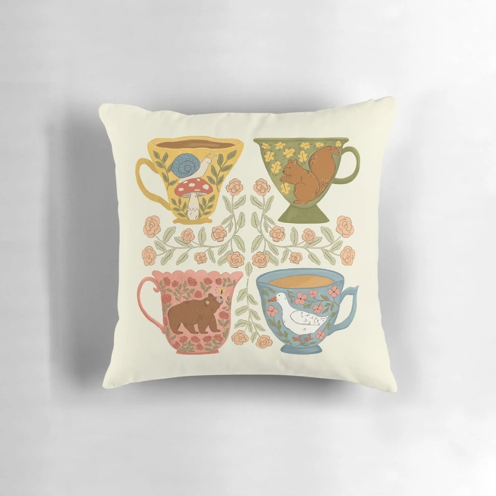 Floral and animal print teacups decorative throw pillow