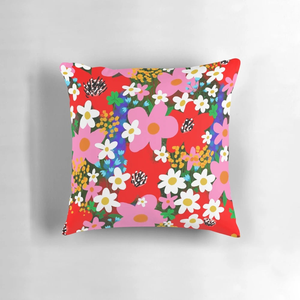 Vibrant floral pattern decorative pillow with pink and white daisies