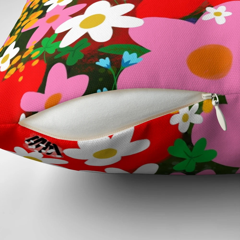 Vibrant floral pattern decorative pillow with pink and white daisies