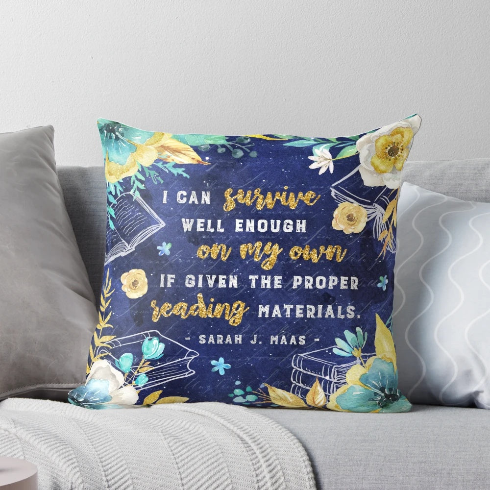 A beautifully crafted pillow featuring a watercolor-inspired floral design in shades of turquoise, teal, and gold, perfect for book lovers and fantasy fans.