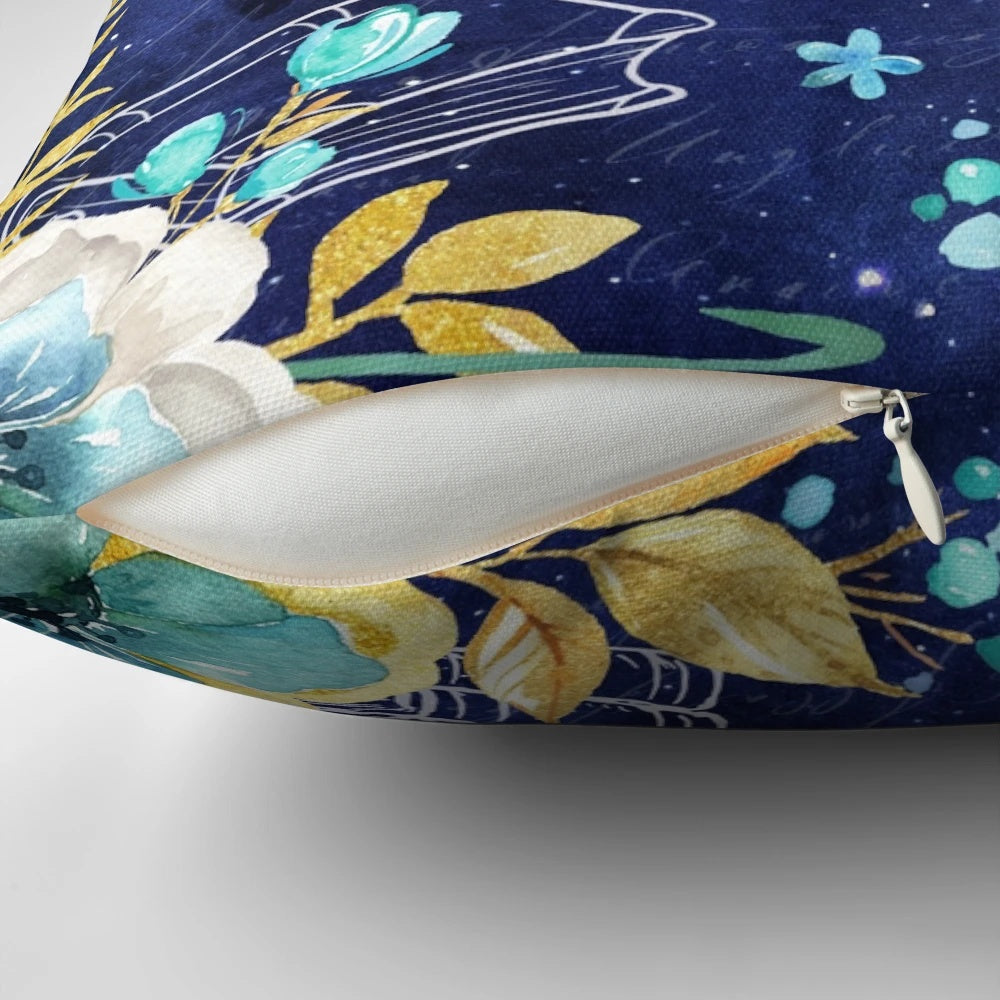 A beautifully crafted pillow featuring a watercolor-inspired floral design in shades of turquoise, teal, and gold, perfect for book lovers and fantasy fans.
