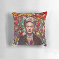 Colorful floral pillow featuring a portrait of Mexican artist Frida Kahlo
