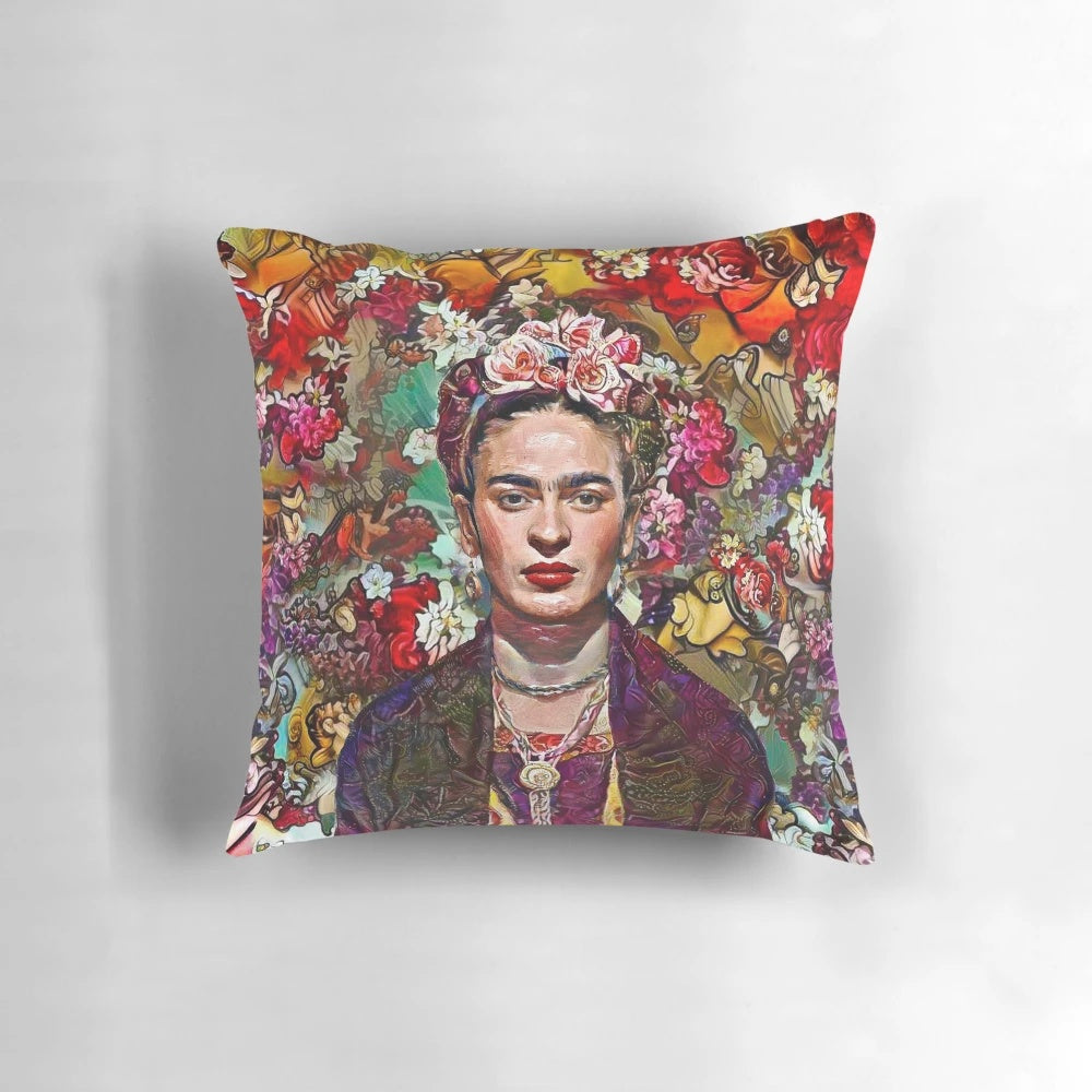 Colorful floral pillow featuring a portrait of Mexican artist Frida Kahlo
