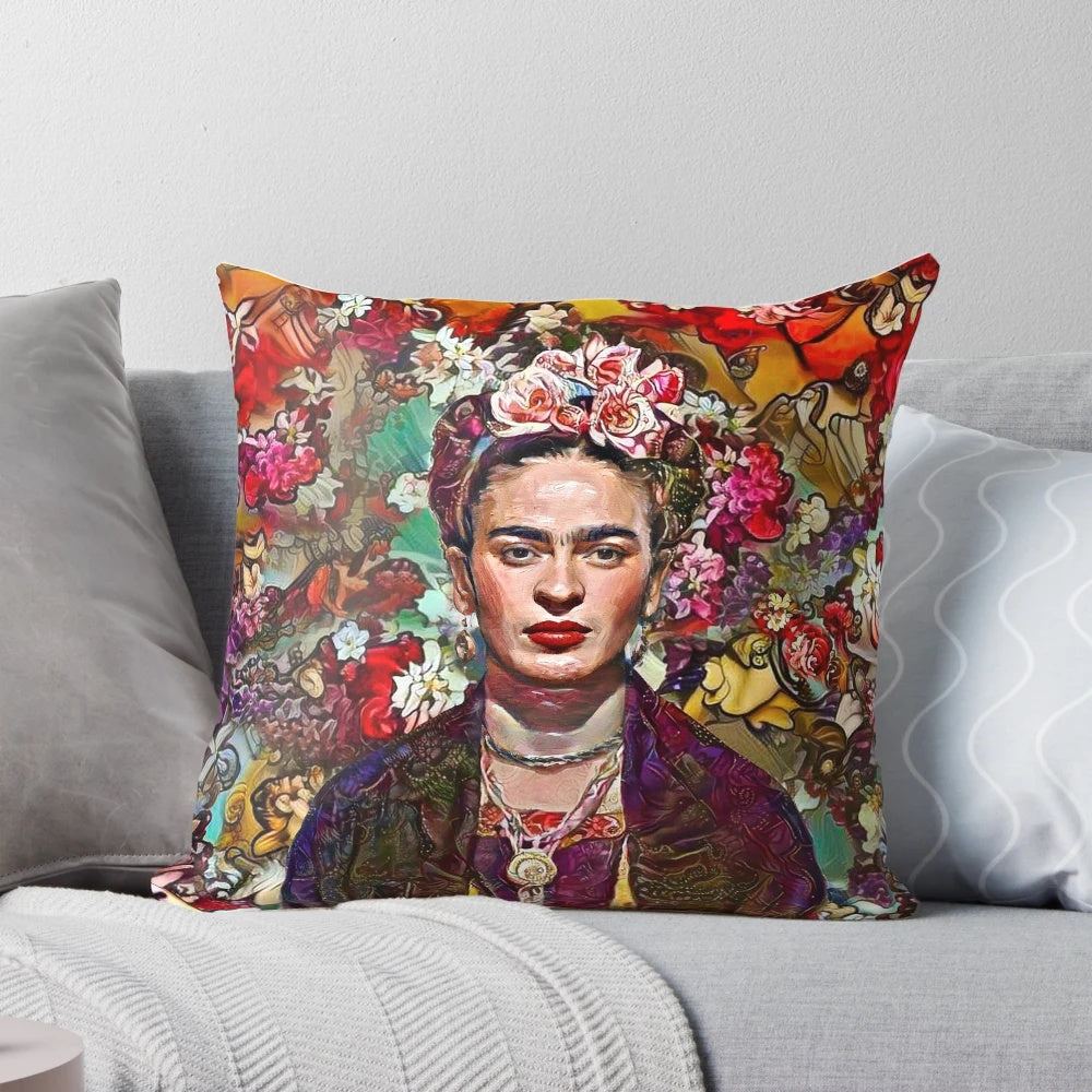 Colorful floral pillow featuring a portrait of Mexican artist Frida Kahlo