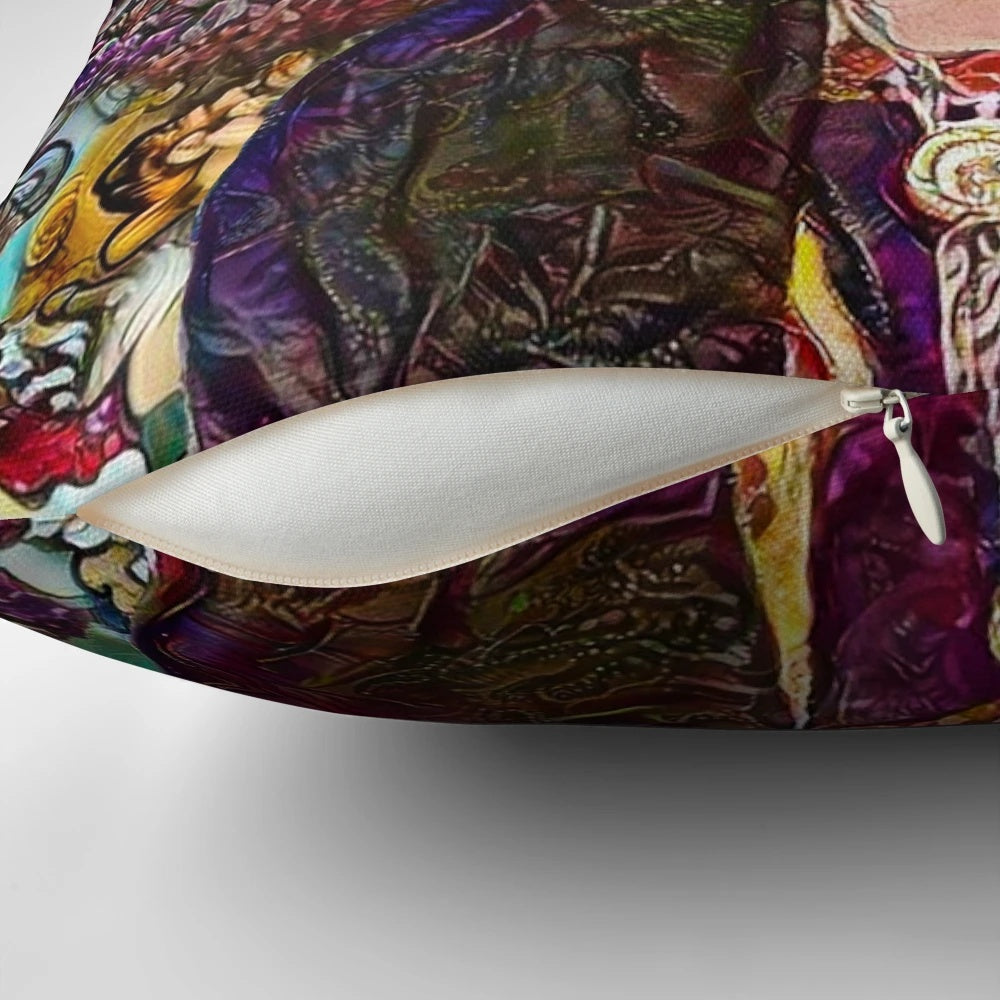Colorful floral pillow featuring a portrait of Mexican artist Frida Kahlo