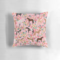 Soft, decorative pillow featuring a colorful floral pattern and various horse breeds