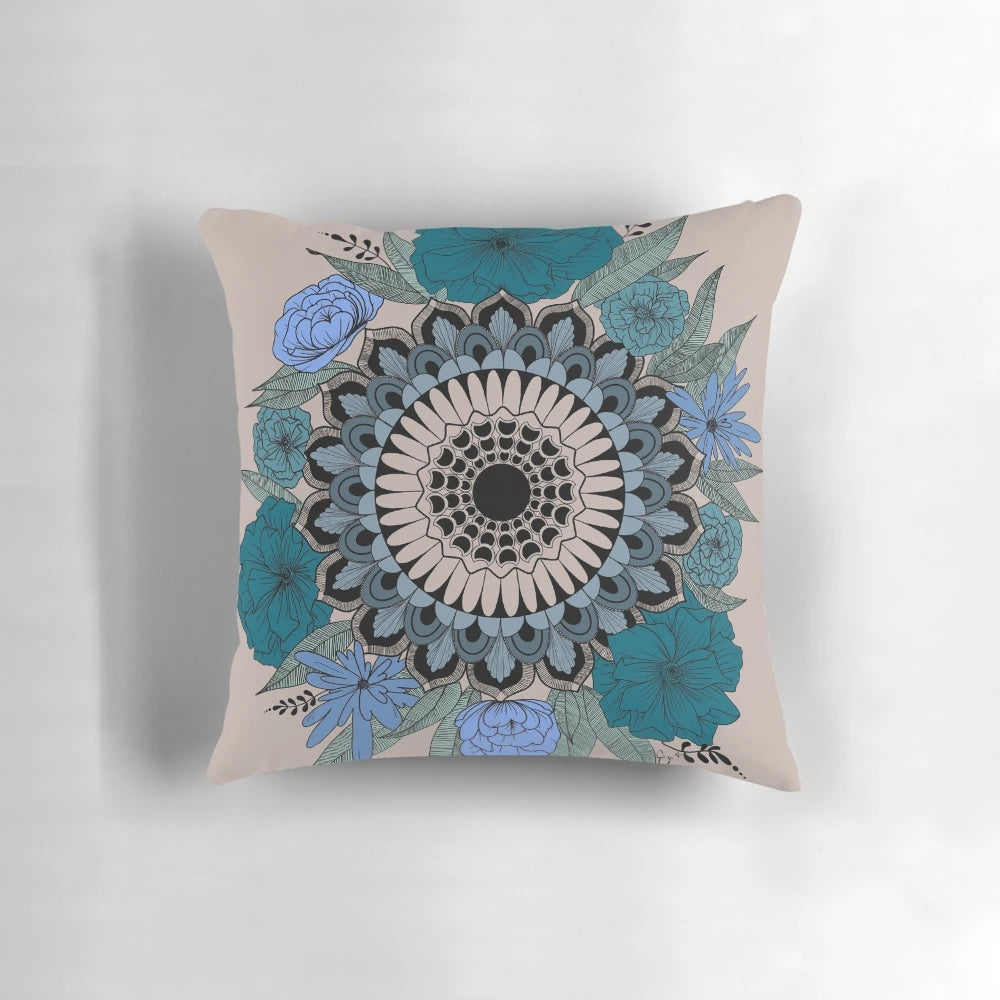 Vibrant floral mandala design on a plush decorative pillow, a nature-inspired home accent.