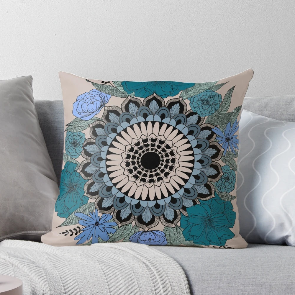 Vibrant floral mandala design on a plush decorative pillow, a nature-inspired home accent.