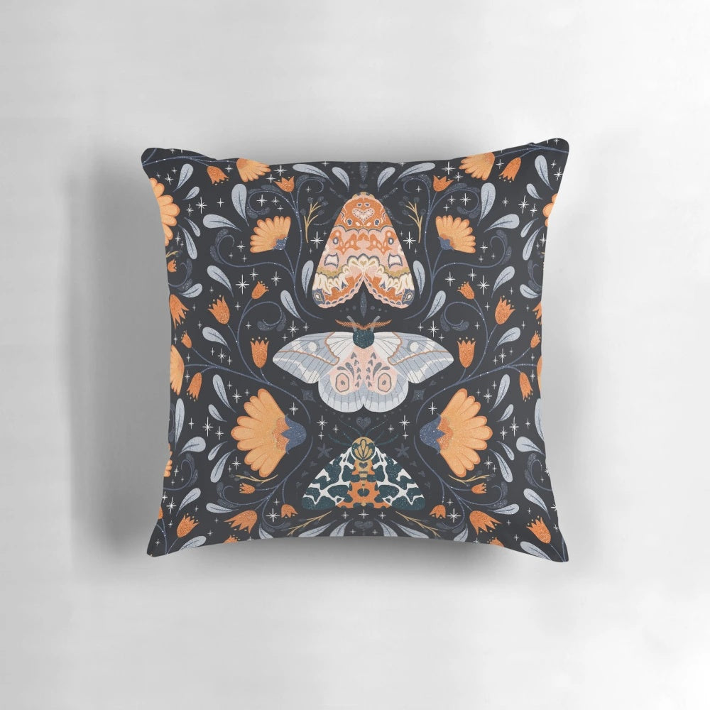 Black Pillow with Floral Moth Pattern