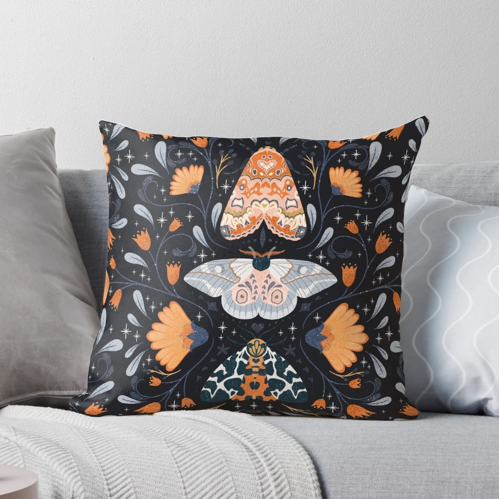 Black Pillow with Floral Moth Pattern