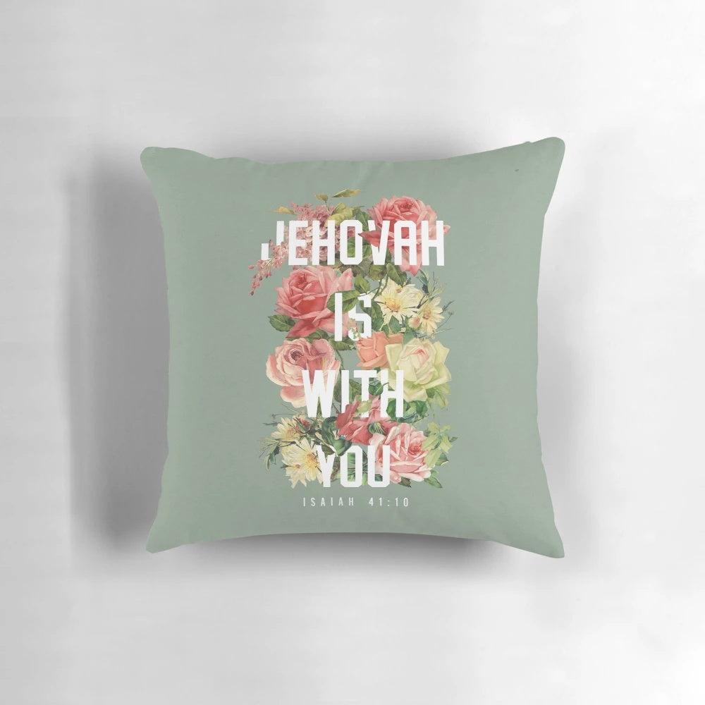 Floral decorative throw pillow featuring the Bible verse "Isaiah 41:10"