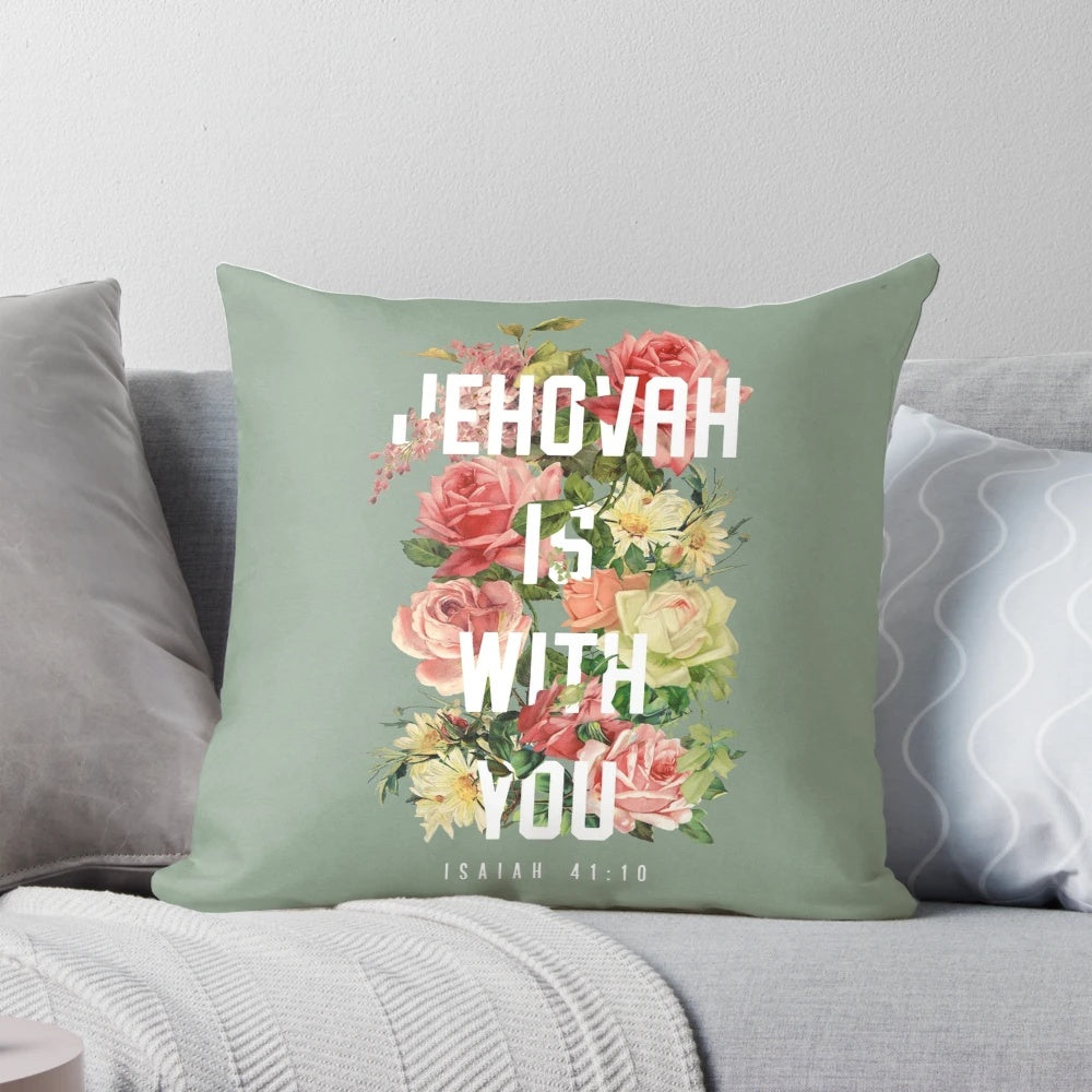 Floral decorative throw pillow featuring the Bible verse "Isaiah 41:10"