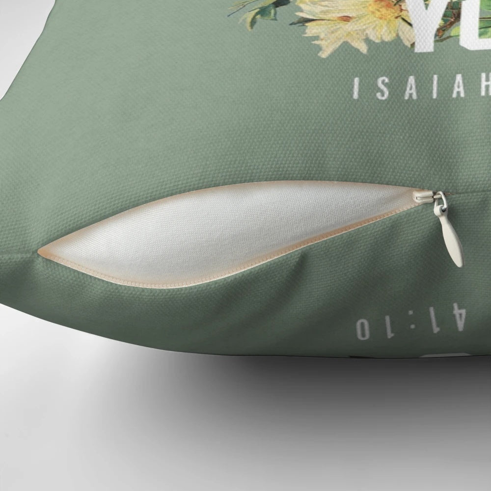Floral decorative throw pillow featuring the Bible verse "Isaiah 41:10"
