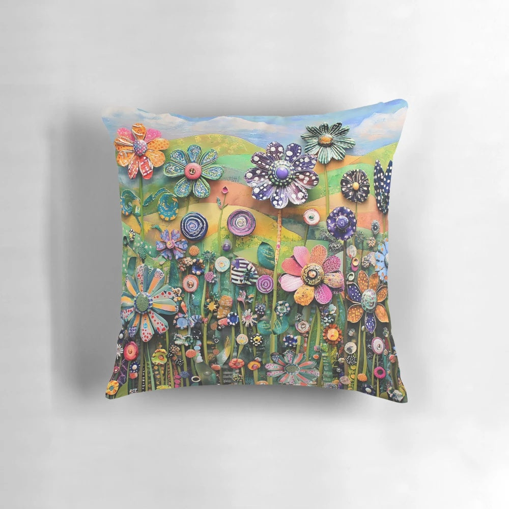 Colorful floral pillow featuring a 3D collage of wildflowers and a garden scene