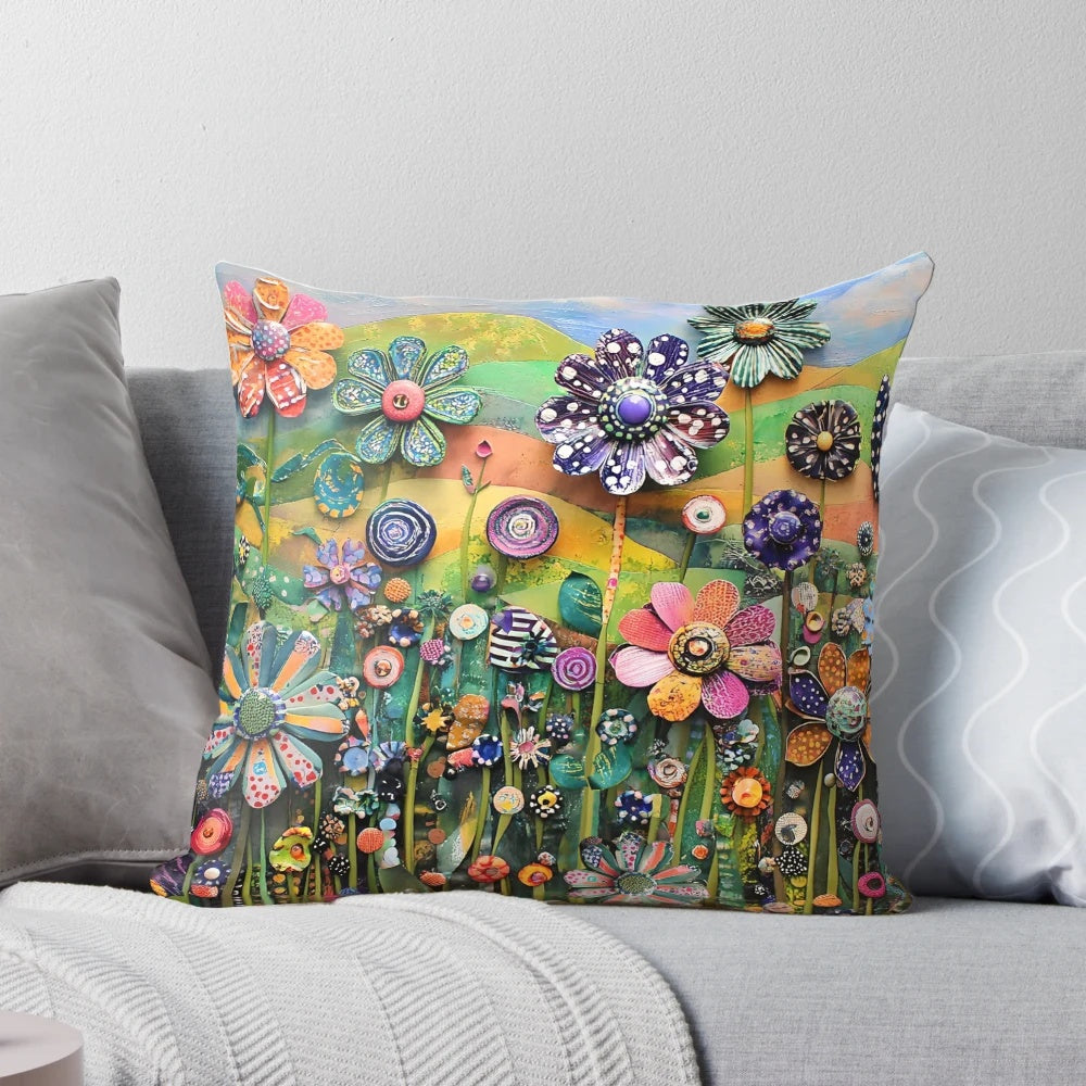 Colorful floral pillow featuring a 3D collage of wildflowers and a garden scene