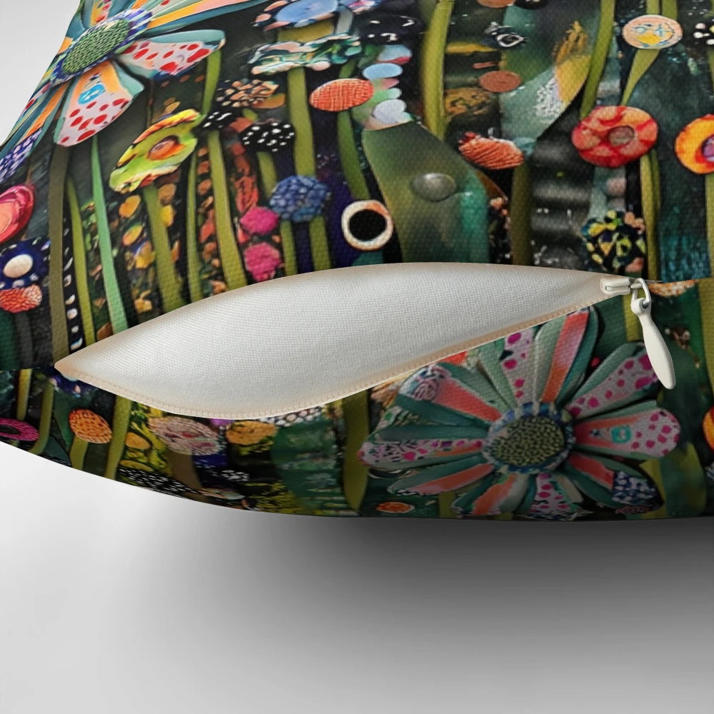 Colorful floral pillow featuring a 3D collage of wildflowers and a garden scene