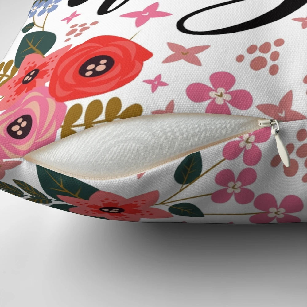 Floral decorative pillow with the text "Eat a Bag of Dicks" in a bold, cursive font