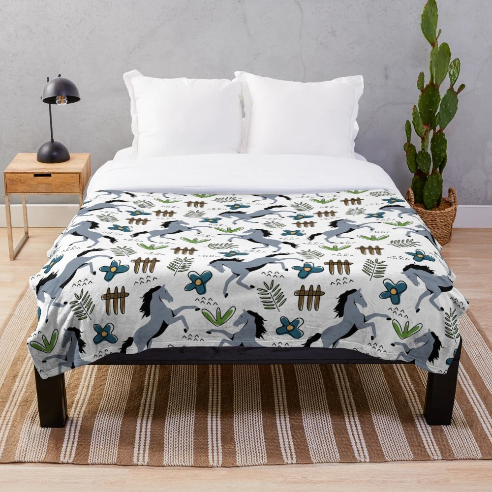 Floral plush blanket with scottish horse pattern