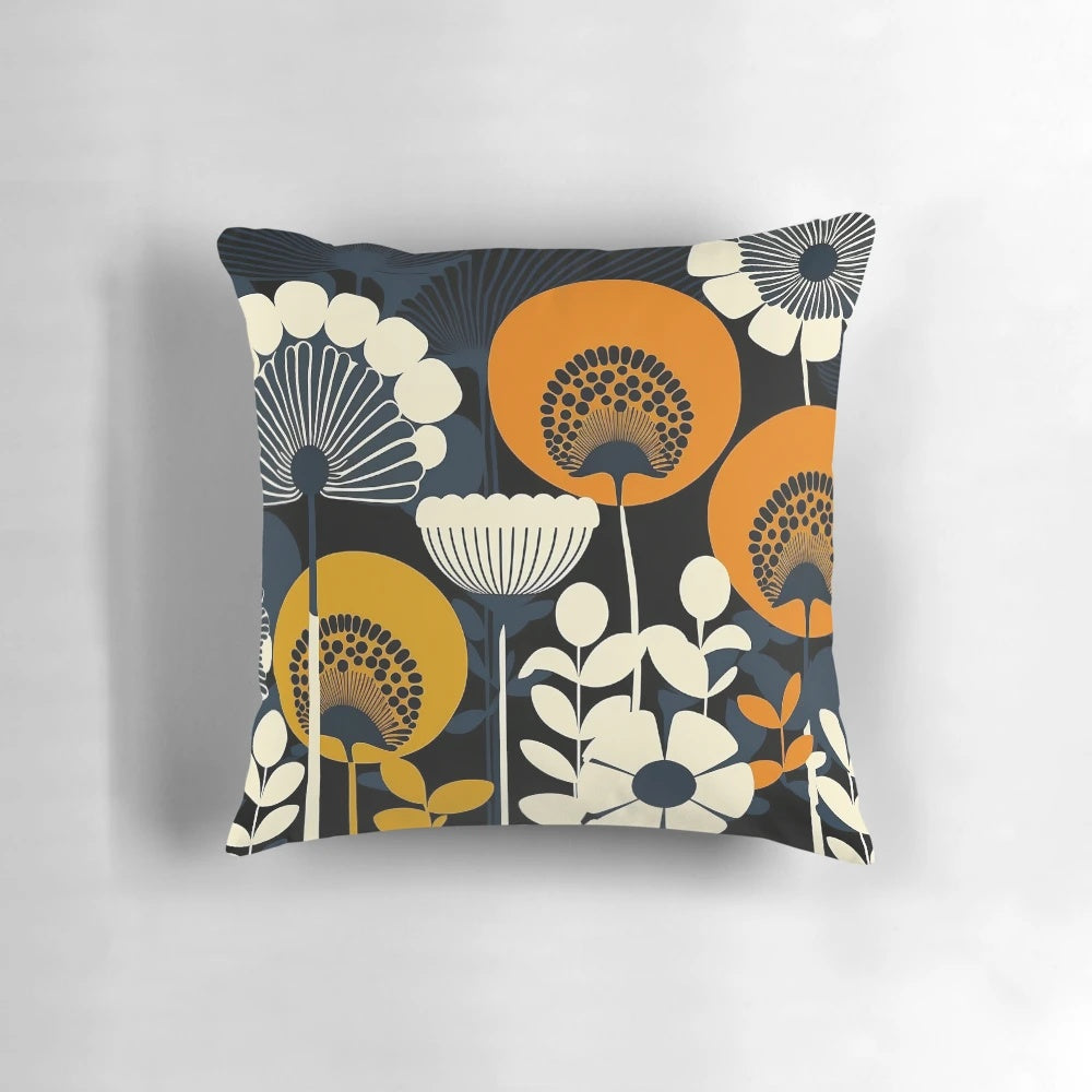 Closeup of a floral patterned pillow in cream, orange, yellow, and blue colors inspired by Finnish design.
