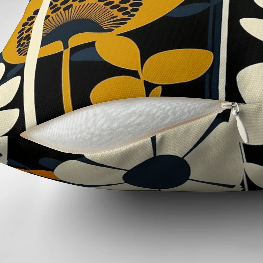 Closeup of a floral patterned pillow in cream, orange, yellow, and blue colors inspired by Finnish design.