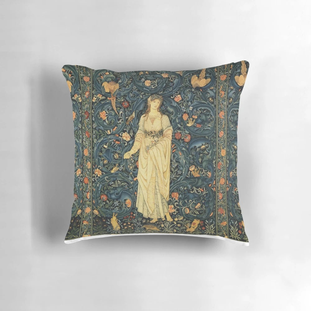 Decorative floral tapestry pillow featuring forest animals and lush greenery